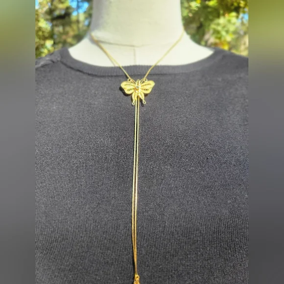 Vintage Delicate Gold Filigree Butterfly Slide Bolo Necklace - Picture 4 of 12